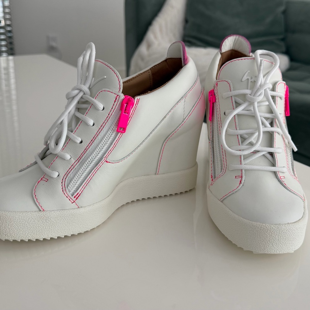 Giuseppe Zanotti White and Pink Wedge Sneakers